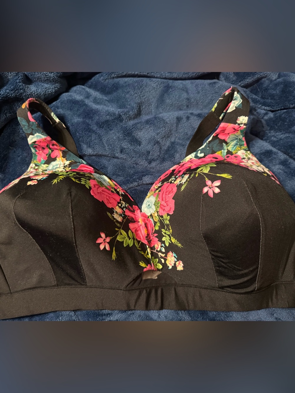 Cacique Wire Free Black Bra with Pink & Green Floral Print 44DD